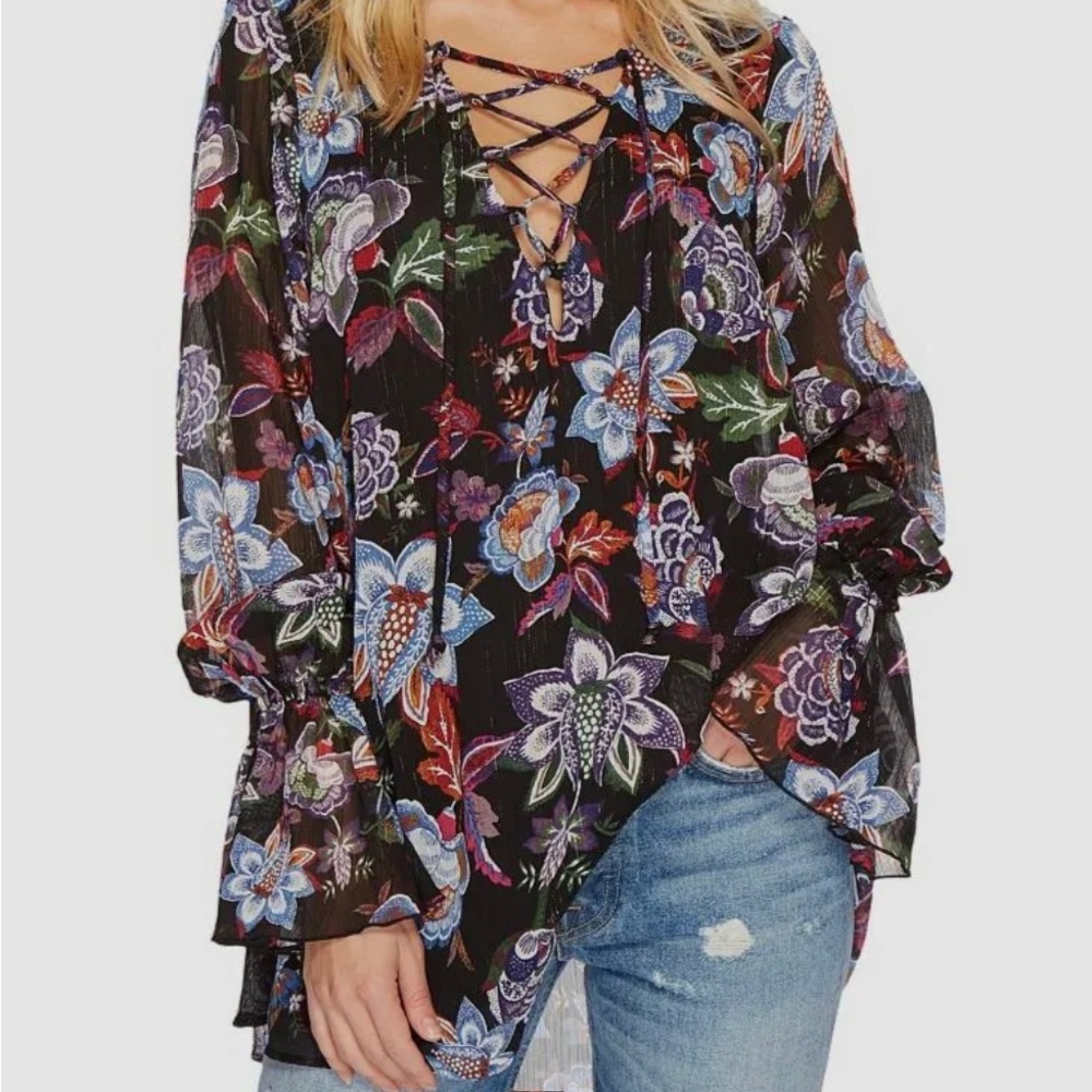Show Me Your Mumu Women's Black Floral Pirate Lace-Up Tunic